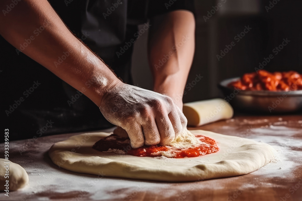 Putting food ingredients on pizza on table close up. Pomodoro, tomato sauce, pizza stuffed crust dough. Making homemade pizza. Generative AI.