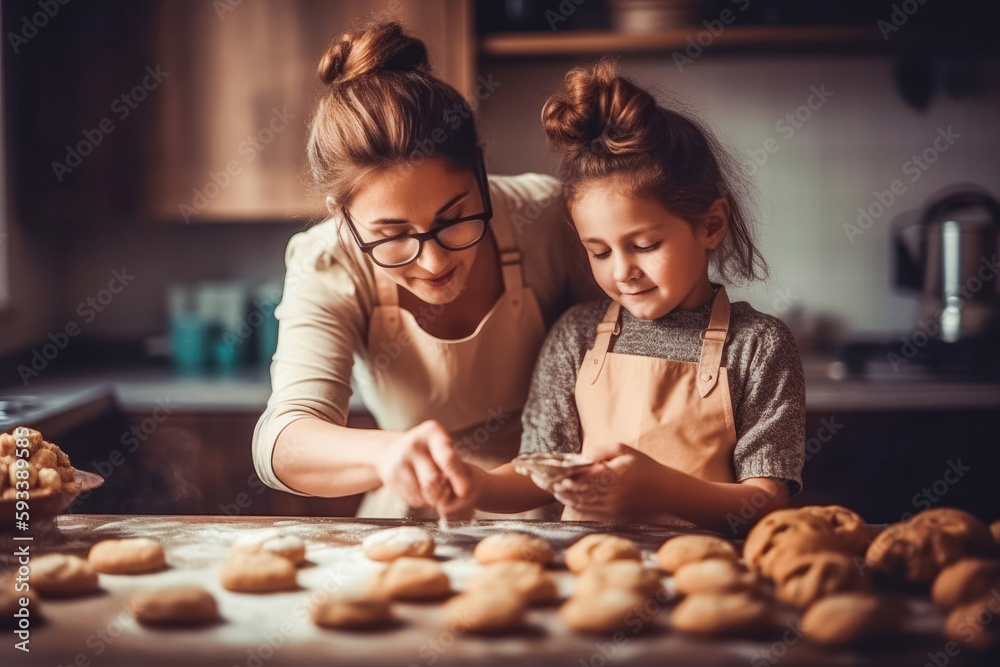 Mother and child baking a pie at home. Teaching daughter how to bake pastry. Generative AI.