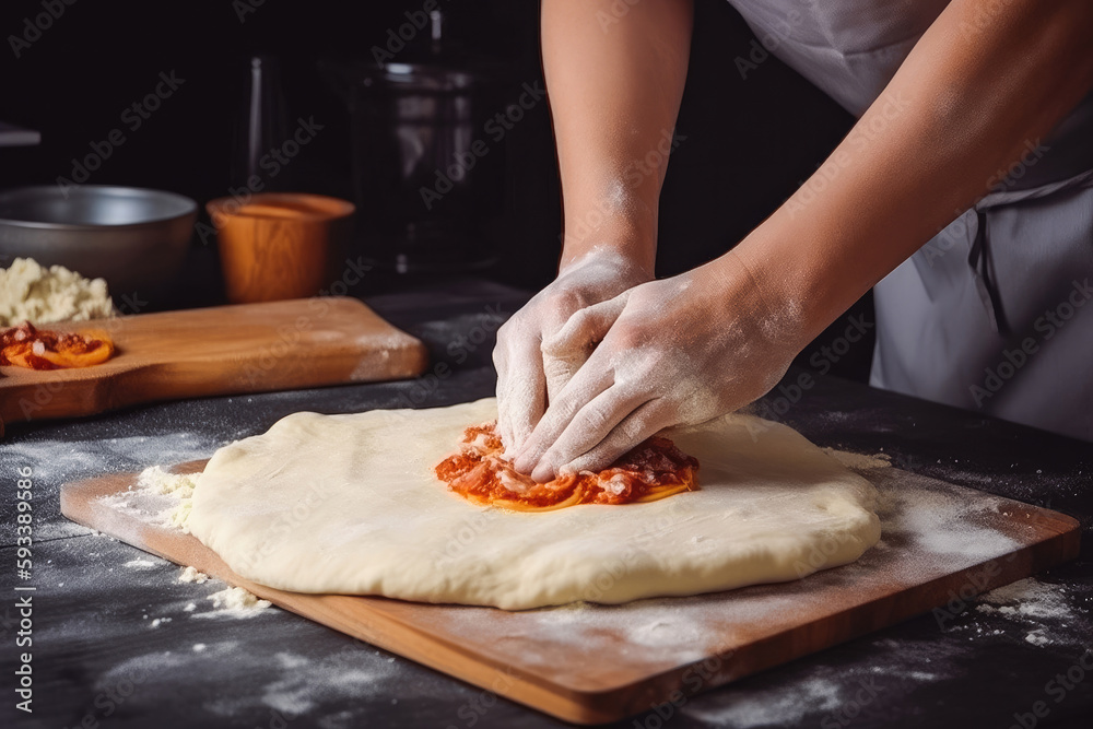 Putting food ingredients on pizza on table close up. Pomodoro, tomato sauce, pizza stuffed crust dough. Making homemade pizza. Generative AI.