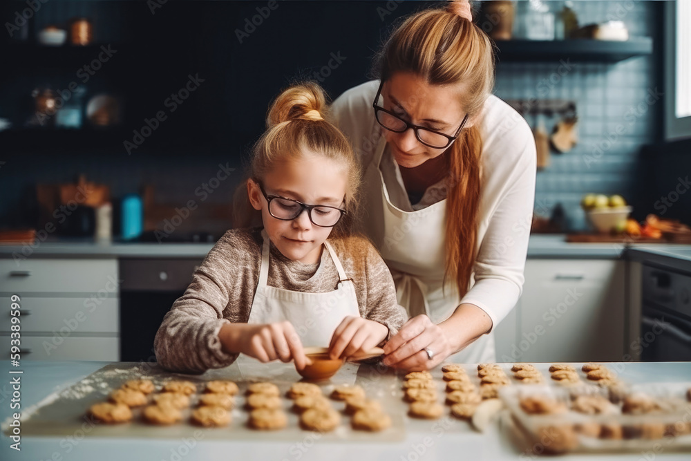 Mother and child baking a pie at home. Teaching daughter how to bake pastry. Generative AI.
