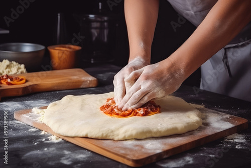 Putting food ingredients on pizza on table close up. Pomodoro, tomato sauce, pizza stuffed crust dough. Making homemade pizza. Generative AI.