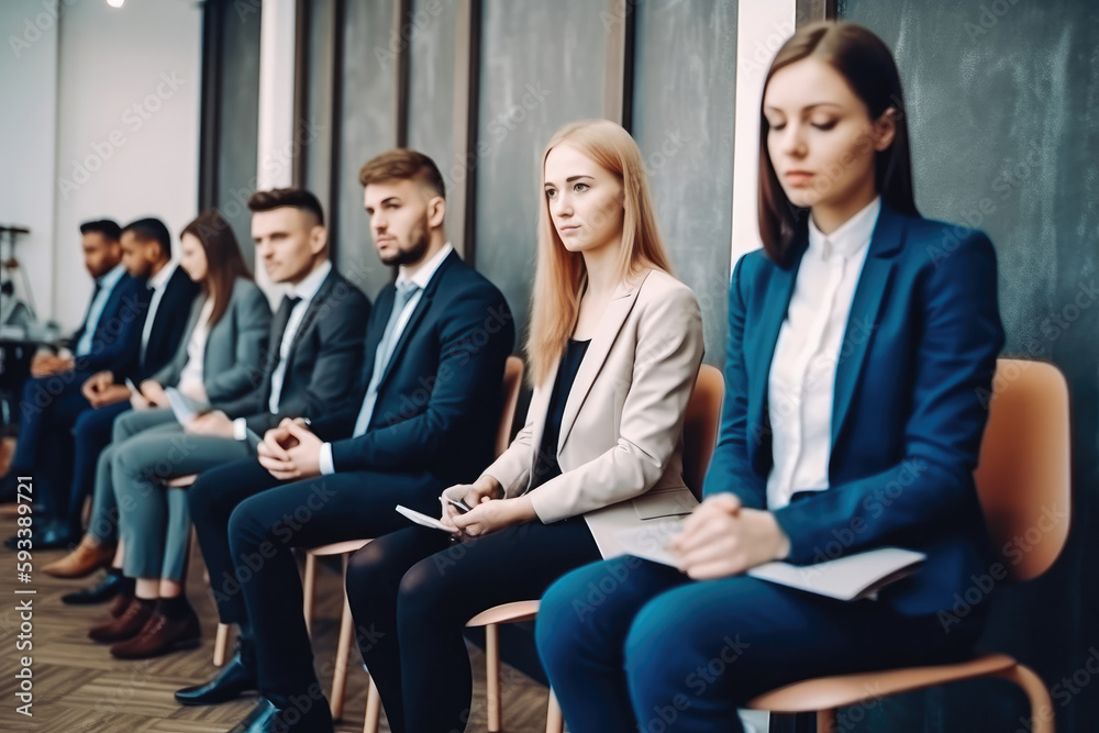 Photo of candidates waiting for a job interview. Waiting room, sitting in line. Business clothing, corporate environment. Generative AI. Photo of candidates waiting for a job interview. Waiting room, sitting in line. Business clothing, corporate environment. Generative AI.