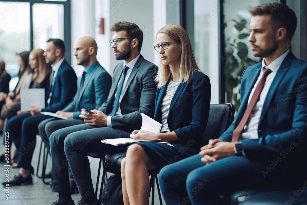 Photo of candidates waiting for a job interview. Waiting room, sitting in line. Business clothing, corporate environment. Generative AI. Photo of candidates waiting for a job interview. Waiting room, sitting in line. Business clothing, corporate environment. Generative AI.