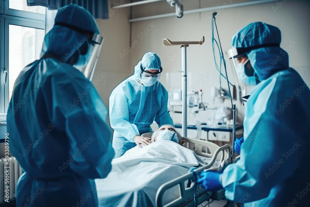 Team of Surgeons Operating in operation room. Doctors operating patient in sterile environment. Generative AI. Team of Surgeons Operating in operation room. Doctors operating patient in sterile environment. Generative AI.