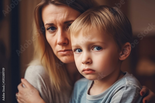 Sad little child, boy, hugging his mother at home. Mother protecting and caring for her crying child in danger. Generative AI.