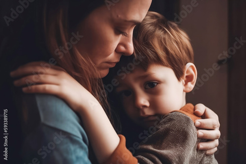 Sad little child, boy, hugging his mother at home. Mother protecting and caring for her crying child in danger. Generative AI.