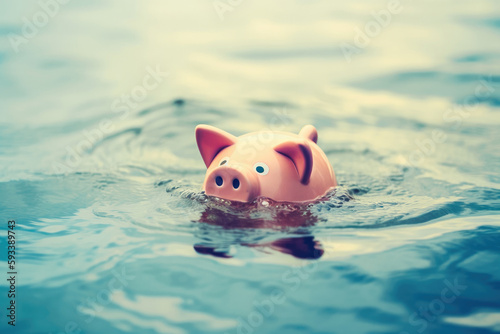 Piggy bank floating on flood water.