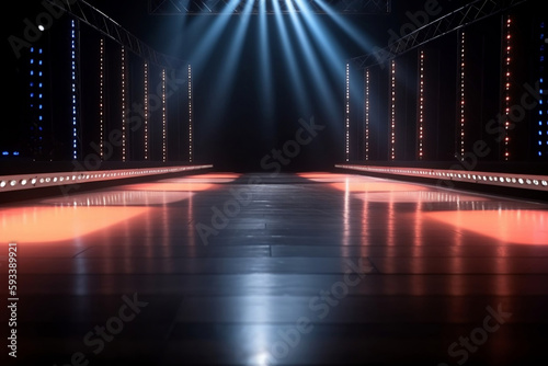 A colorful background sets the stage for an empty runway illuminated by spotlights, waiting for the start of a fashion show. Generative ai.