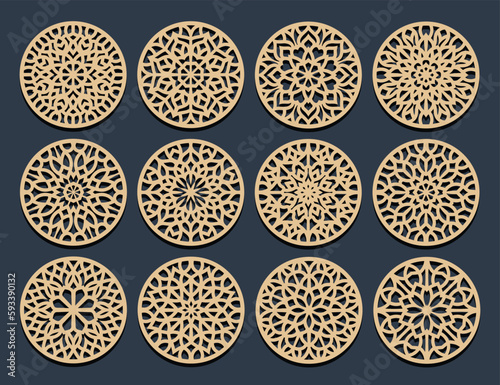 	
Set decorative circle coaster for laser cutting. Round abstract geometric coaster card. Laser cut design. Vector illustration	