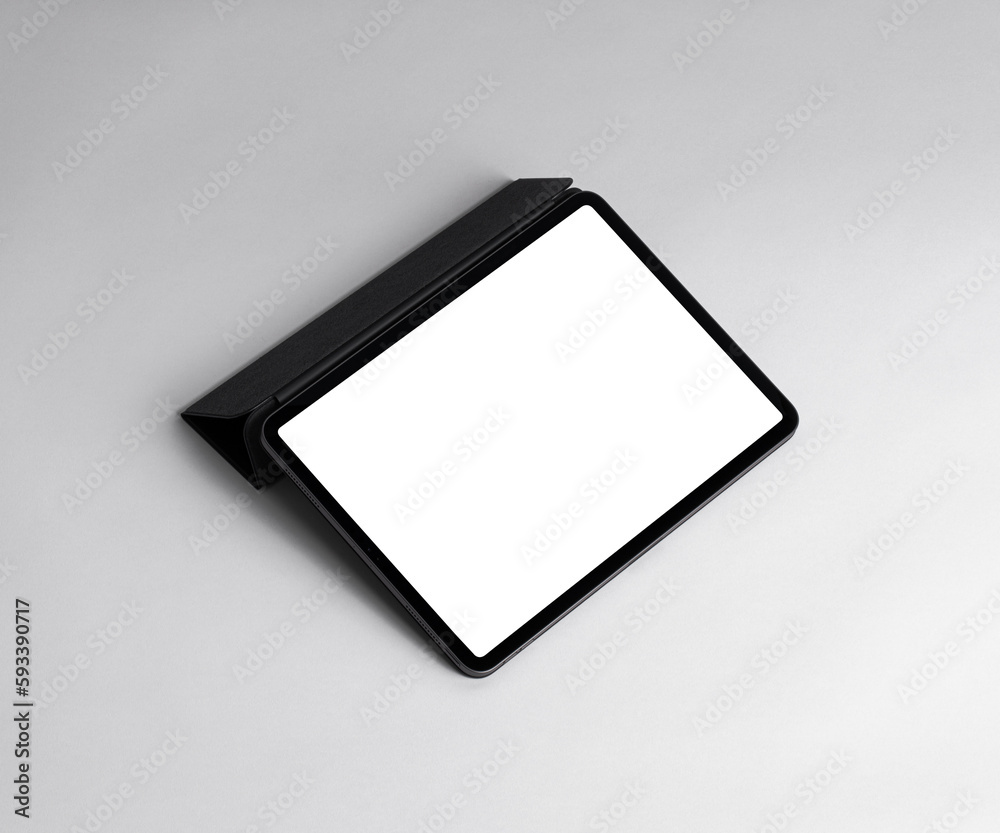 black tablet computer with blank white screen isolated on white background. 3D illustration, 3D rendering. black tablet computer with blank white screen isolated on white background. 3D illustration, 3D rendering.