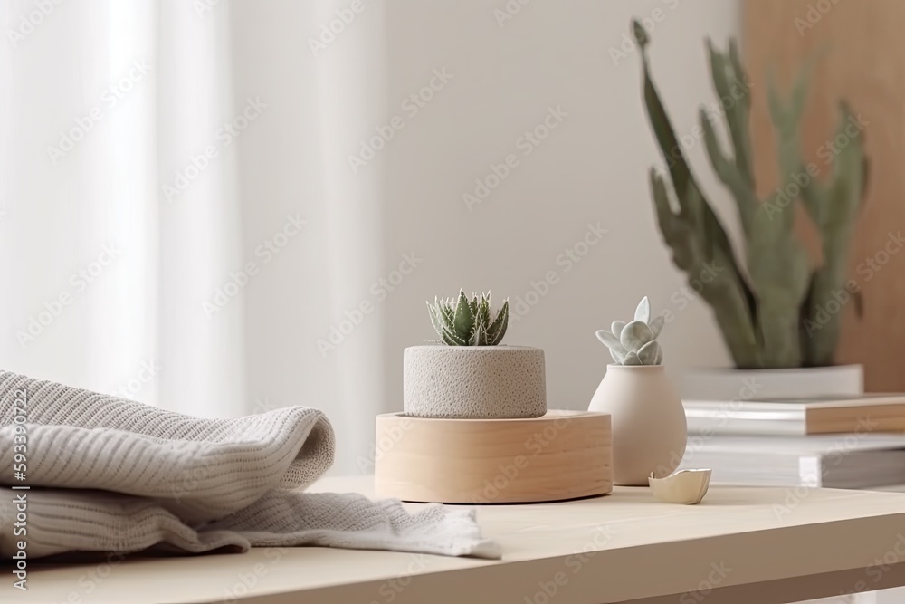 cozy outdoor space with a table, plant, and blanket. Generative AI