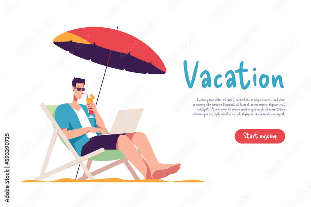 Young man sitting in lounge deck chair at the beach, working online with laptop and drinking juice. Vector illustration
