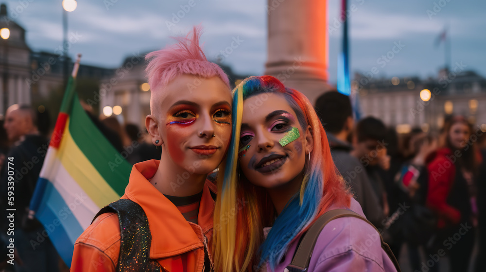 LGBT Pride Parade participants in London, AI generative LGBTQ festival illustration