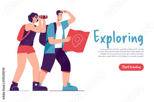 Vector illustration of a couple of interested tourists travelers with backpacks using binocular and map