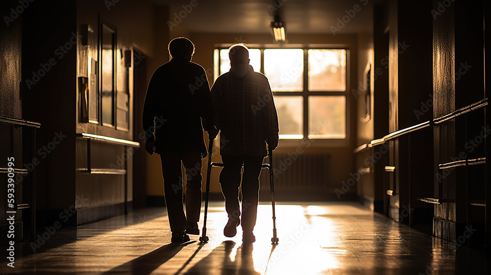 A photograph of an elderly person using a walking aid with a relative or caregiver in a hospital hallway on sunset, AI genrative A photograph of an elderly person using a walking aid with a relative or caregiver in a hospital hallway on sunset, AI genrative