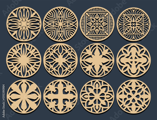 Set decorative circle coaster for laser cutting. Round abstract geometric coaster card. Laser cut design. Vector illustration	