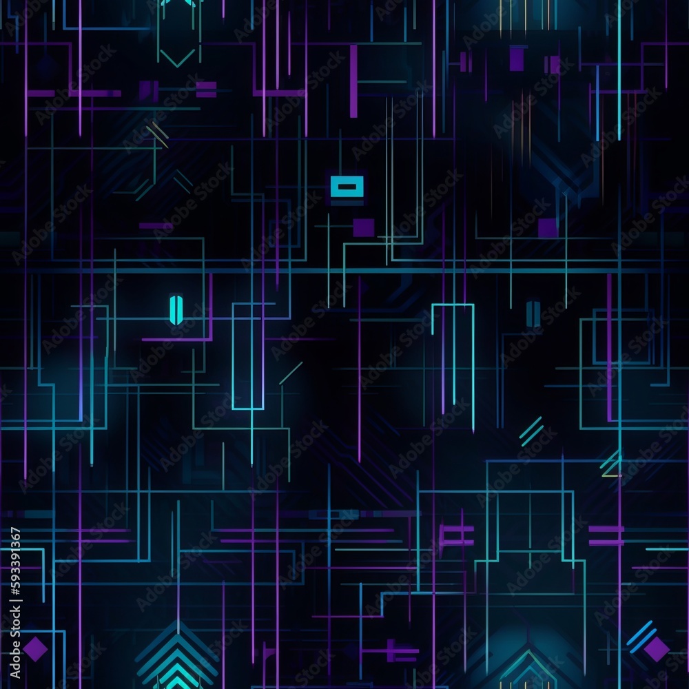 Obraz premium Seamless Futuristic Cyberpunk Pattern with Neon Lines and Geometric Shapes