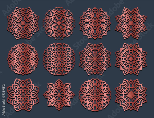 Lotus Mandala Vector Template Set for Cutting and Printing. Oriental silhouette ornament. Vector coaster design 