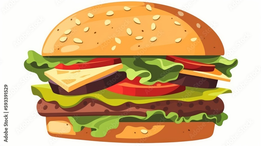 A digital illustration of a delicious burger. Generative AI. A digital illustration of a delicious burger. Generative AI.