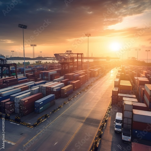 Logistics and transportation of a container cargo ship and a cargo plane with a working crane bridge in a shipyard at sunrise, logistic import export and transport industry background. generative ai