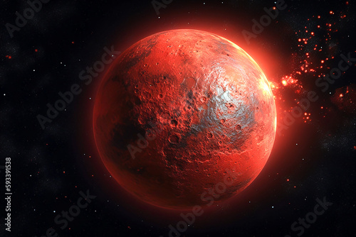 Bright red planet with flames spinning in the universe. AI generated image