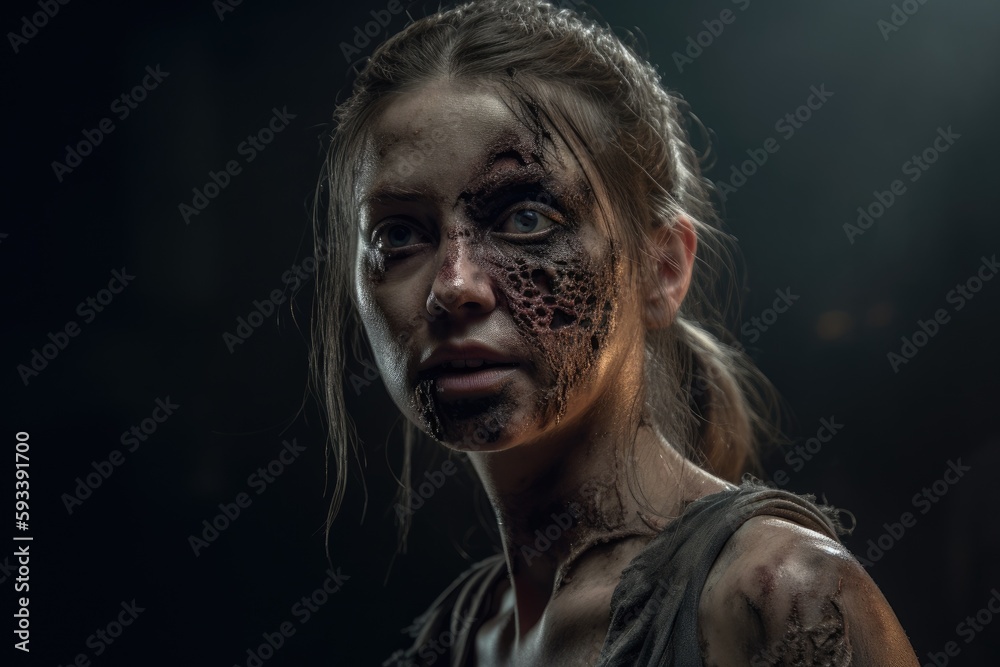 Woman zombie portrait. Young girl zombie makeup. Undead woman.