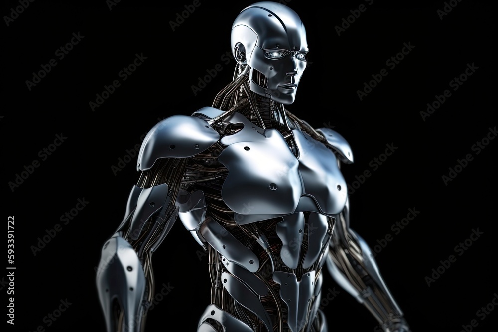 futuristic robot standing confidently in a dimly lit environment. Generative AI futuristic robot standing confidently in a dimly lit environment. Generative AI