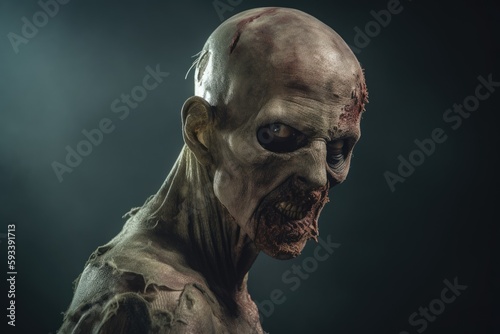 Scary zombie portrait. Zombie in fog. The undead, ghoul.