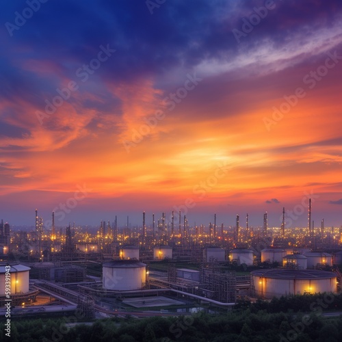 Sunset reflection on an oil refinery. generative ai