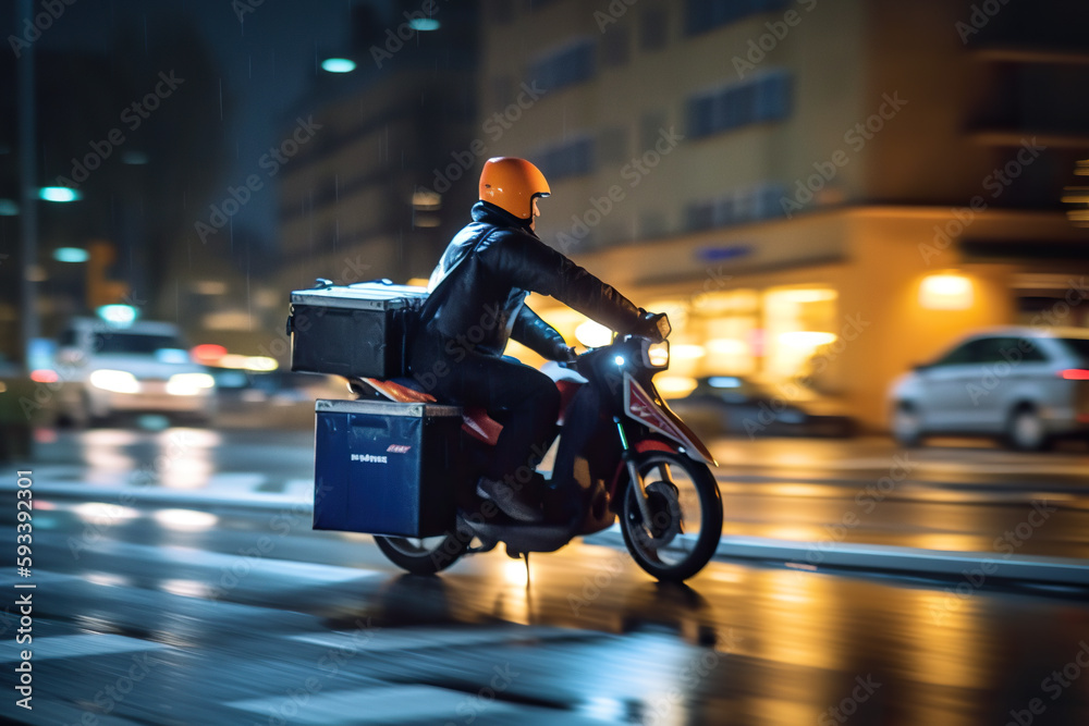 Delivery Man on Motorbike with Food Box driving through town on a rainy night, AI Generative