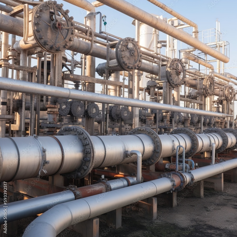 Oil and Gas Industrial zone,The equipment of oil refining,Close-up of industrial pipelines of an oil-refinery plant,Detail of oil pipeline with valves in large oil refinery. generative ai Oil and Gas Industrial zone,The equipment of oil refining,Close-up of industrial pipelines of an oil-refinery plant,Detail of oil pipeline with valves in large oil refinery. generative ai