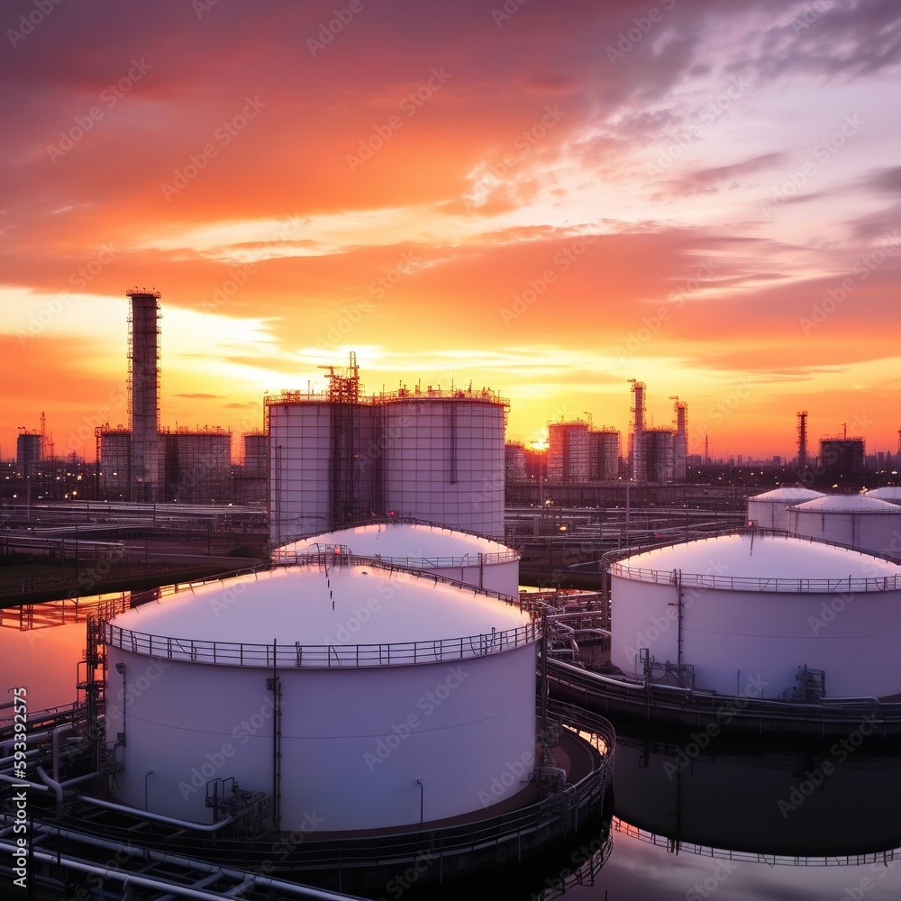 Oil and gas refinery plant or petrochemical industry on sky sunset ...