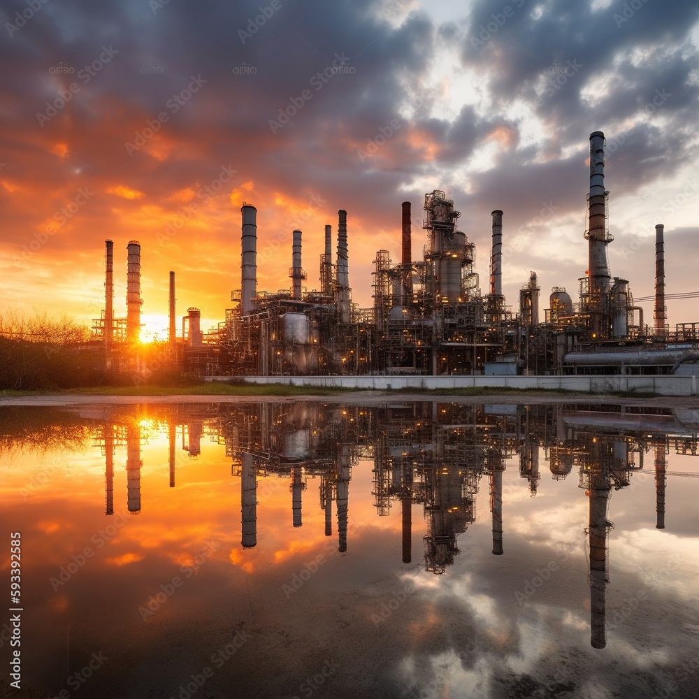 Oil and gas refinery plant or petrochemical industry on a sunset sky background, factory with evening, petrochemical industrial manufacturing. generative ai