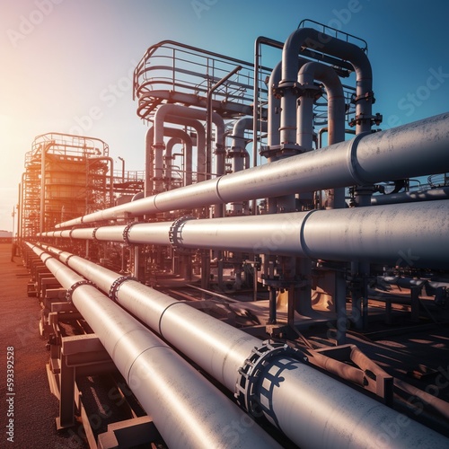 Oil and Gas Industrial zone,The equipment of oil refining,Close-up of industrial pipelines of an oil-refinery plant,Detail of oil pipeline with valves in large oil refinery. generative ai