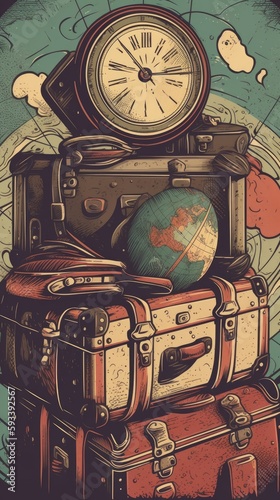 Vintage Travel Poster Style Suitcase Travel Concept