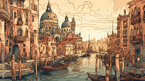 Illustration of the beautiful city of Venice. City of gondoliers, bridges, carnivals and love. Italy