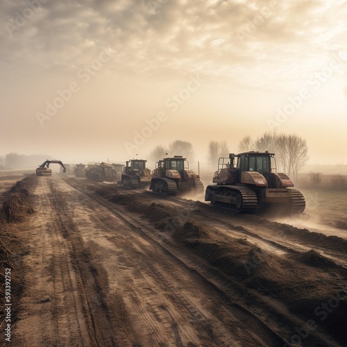 Outside the outskirts, the atmosphere of a road and highway construction site Preparing to restore the soil in order to build roads with a large machinery group . generative ai