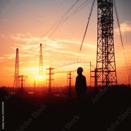 Silhouette engineer standing orders for construction crews to work on high ground heavy industry and safety concept over blurred nature background sunset pastel. generative ai