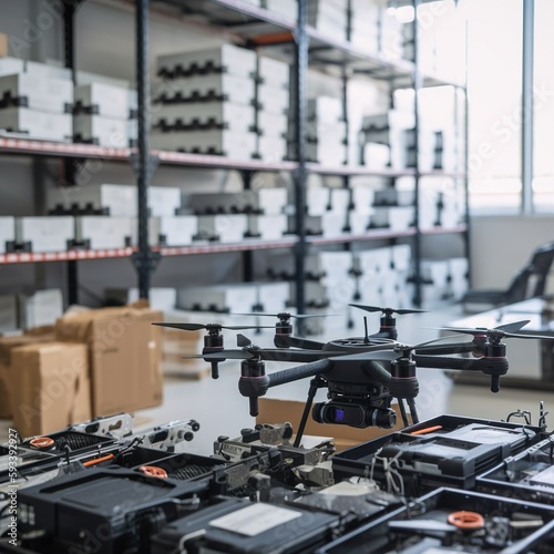 Spare part delivery drone at garage storage in leading automotive car service center for delivering mechanical shipping component part assembling to customer. generative ai