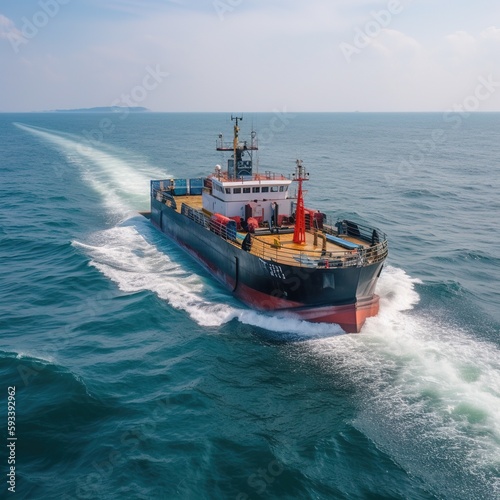 Supply boat or crew boat transporting cargo to the oil and gas industry and transporting cargo from the boat to the platform, waiting boat transporting cargo. generative ai