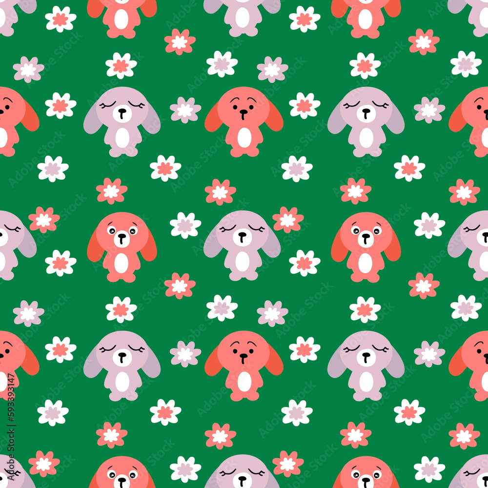 Hand drawn bunnies and flowers summer seamless pattern. Perfect for T-shirt, textile and print. Doodle illustration for decor and design.