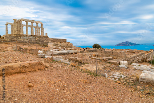 View of the Aegean Sea and coastline of the Athenian Riviera from the ancient Temple of Poseidon at Cape Sounion, near Athens, Greece.