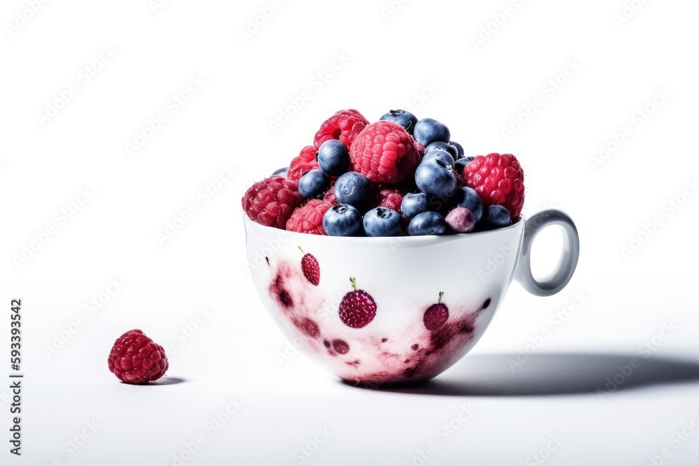 bowl filled with assorted fresh berries and raspberries on a white background. Generative AI bowl filled with assorted fresh berries and raspberries on a white background. Generative AI