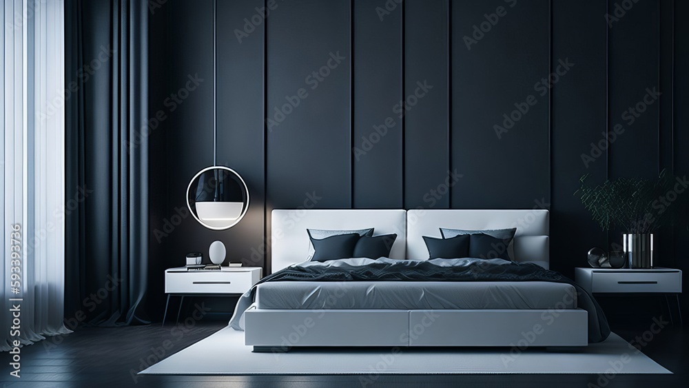 Modern aesthetic of spacious bedroom mockup with elegant lines and geometric shapes Modern aesthetic of spacious bedroom mockup with elegant lines and geometric shapes