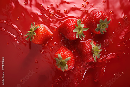 Top view of a group of strawberries splashing into a strawberry juice. Created with Generative AI Technology