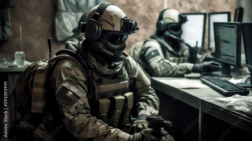 soldier with mask in a cyberwarfare