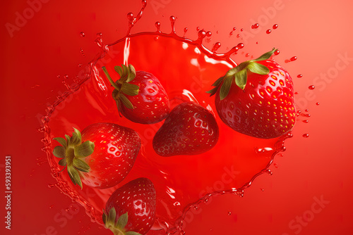 Top view of a group of strawberries splashing into a strawberry juice. Created with Generative AI Technology
