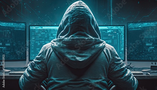 A hacker sitting in front of a computer screen, network security, identity theft, cyber security
