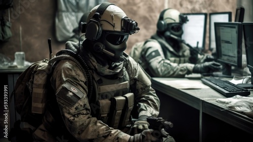 soldier with mask in a cyberwarfare