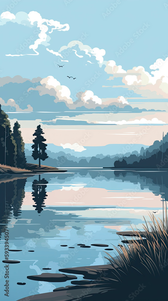 Fototapeta premium Beautiful lake in pine tree forest illustration